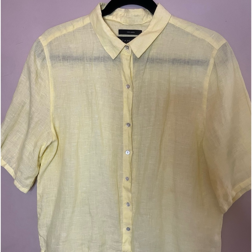 Tahari short sleeve  100% linen shirt breezy, size small yellow